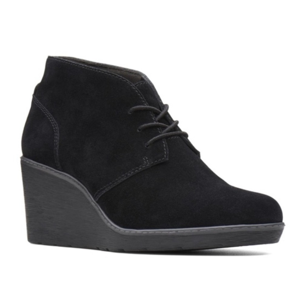 Clarks Black Suede Wedge Ankle Boots Lace Up Side Zip Women's Size 9